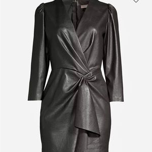 Rebecca Taylor Black Faux Wrap Vegan Leather Long Sleeve Mini Dress Size 2.